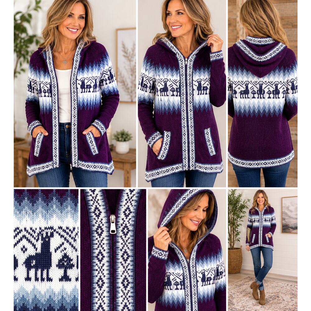 DebrAnn Weiss Alpaca Hooded Zip Cardigan Women L Fletch Purple Fashion Forum NWT - Picture 11 of 11